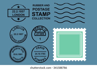 A collection of rubber stamps and a postage stamp template ready for use. All stamps have a worn our feel to them. All texts can be edited.