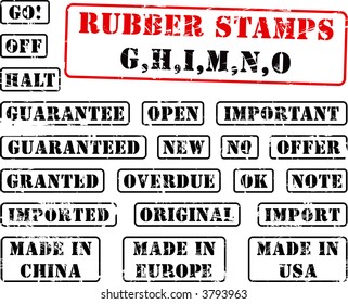 Collection of rubber stamps with words beginning with letter G, H, I, M, N, O. See other rubber stamp collections in my portfolio.