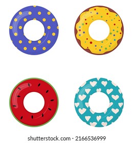 Collection of rubber swimming rings with cake, avocado, pineapple, watermelon and other ornaments painting on it. Life saving floating lifebuoy for beach. Symbols of vacation or holiday.