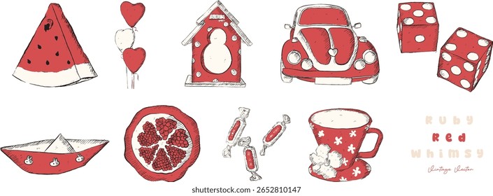 A Collection of Ruby Red Whimsy: Watermelon Slice, Heart Balloons, Jukebox, Classic Car, Dice, Paper Boat, Pomegranate, Candies, and Coffee Cup - clipart vintage style illustration | Vector