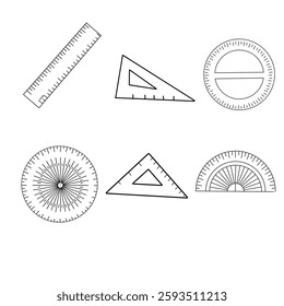 Collection of rulers of several shapes. Round, triangle and Rectangle. Suitable for school needs. Hand drawn vector illustration.  Set of rulers. Flat style.