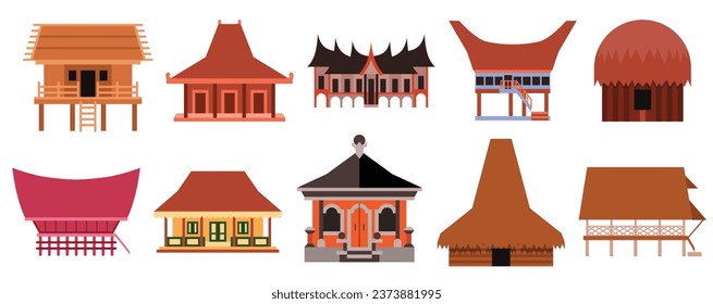 Collection of rumah adat Indonesia. Indonesian traditional houses icon set. Indonesian art and culture