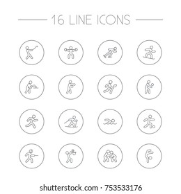 Collection Of Run, Pong Ping, Stick And Other Elements.  Set Of 16 Fitness Outline Icons Set. 