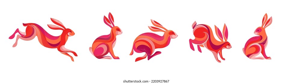 Collection of running, jumping rabbits, bunnies illustrations. Chinese new year 2023 year of the rabbit, Chinese zodiac symbol. 