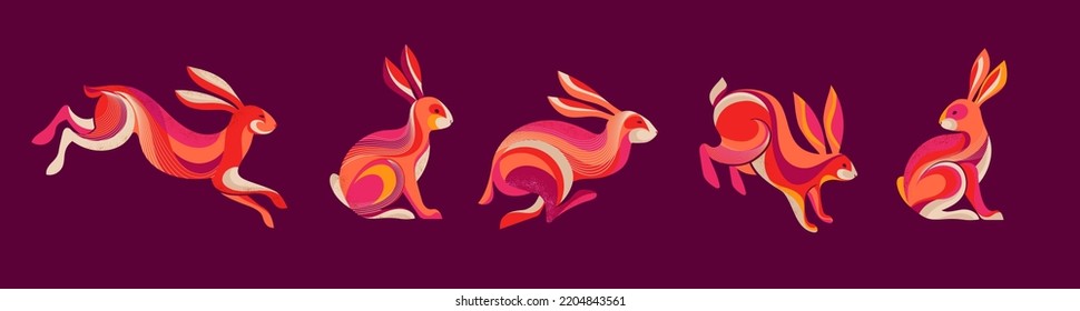 Collection of running, jumping rabbits, bunnies illustrations. Chinese new year 2023 year of the rabbit, Chinese zodiac symbol.  - Shutterstock ID 2204843561