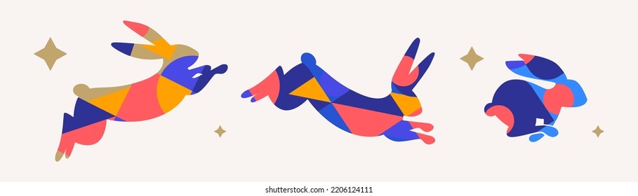 Collection of running, jumping rabbits in modern trendy geometric style. Chinese new year 2023, year of the rabbit Chinese zodiac symbol. Modern art design for branding, packaging, greetings, ads