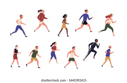 Collection of running people isolated on white background. Bundle of young and elderly men and women jogging. Set of male and female runners or sprinters. Flat cartoon colorful vector illustration.