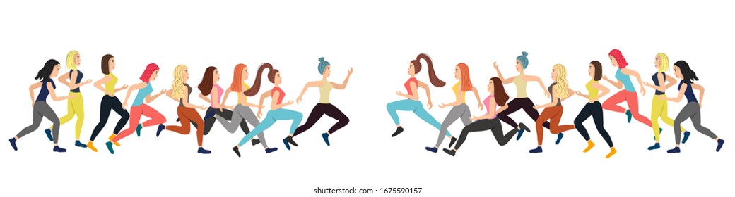 Collection of running people isolated on a white background. Athletic and healthy woman lifestyle. A group of girls at a marathon. Jogging. Stock vector illustration for design and decoration .