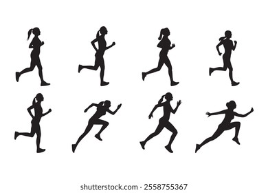 collection of running silhouettes, group of women running in isolation on a white background