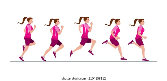 Collection of running woman illustration Animation sprite set  Sport. Run. Active fitness. Exercise and athlete. Variety of sport movements. Flat vector illustration