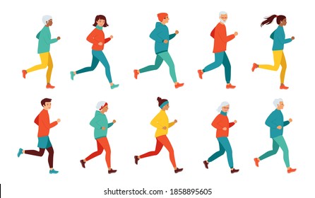 Collection of running women and men of different ages and nationalities. Healthy lifestyle, active retired seniors. Morning, evening jogging, city marathon, competitions. Isolated vector illustration