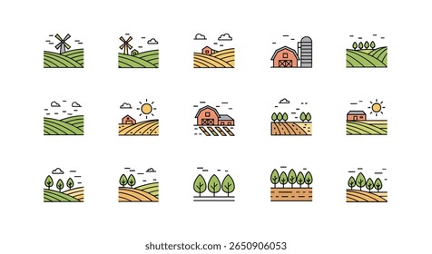 Collection of rural farm landscape icons for agricultural themes and countryside imagery