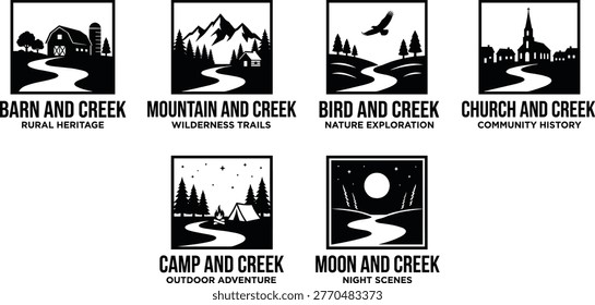 Collection of rural landscape emblems featuring mountain peaks, farm barns, forest camping, vintage church buildings, winding creeks, and nature wilderness.