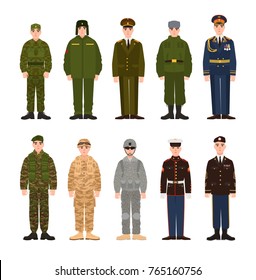 Collection of Russian and American military people or personnel dressed in various uniform. Bundle of soldiers of Russia and USA. Set of flat cartoon characters. Modern colorful vector illustration.
