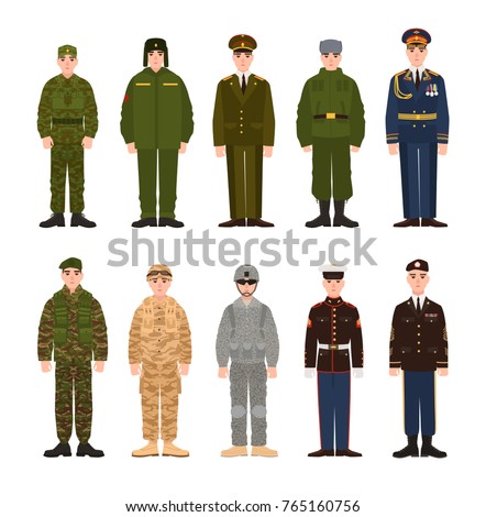 Collection of Russian and American military people or personnel dressed in various uniform. Bundle of soldiers of Russia and USA. Set of flat cartoon characters. Modern colorful vector illustration.