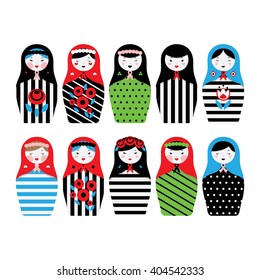 Collection of Russian dolls - matryoshka and decorative elements for design. Vector illustration.