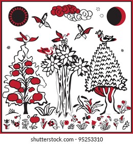 collection of Russian folk popular prints depicting images of nature in ancient style for decoration
