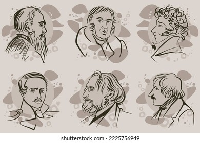 Collection of Russian writers. Classics of world literature. Pushkin, Lermontov, Tolstoy, Gogol, Krylov and Turgenev in vector portrait.