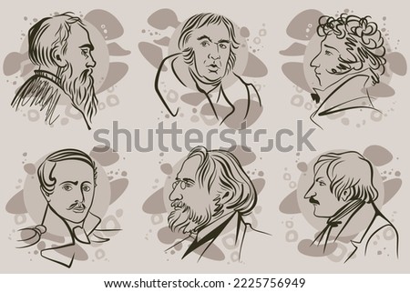 Collection of Russian writers. Classics of world literature. Pushkin, Lermontov, Tolstoy, Gogol, Krylov and Turgenev in vector portrait.