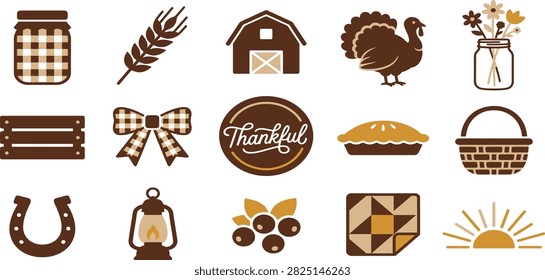 A collection of rustic autumn icons including a turkey, barn, wheat, pie, and harvest-themed decorations in warm tones.