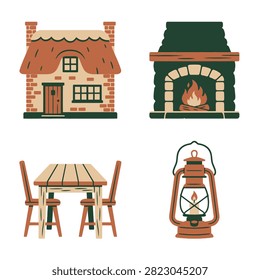 A collection of rustic cottage icons featuring cozy home elements