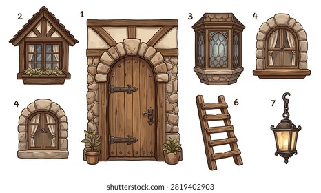 Collection of rustic doors, windows, ladders, and lanterns.