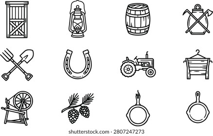 Collection of rustic farm featuring a door, lantern, barrel, canteen, pitchfork, shovel, horseshoe, tractor, hay rack, spinning wheel, pine