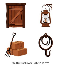 A collection of rustic farm tools and vintage wooden elements