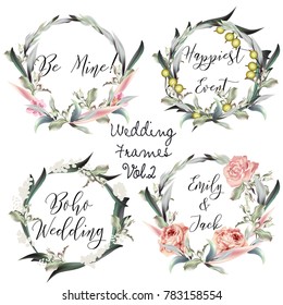 Collection of rustic floral frames in vector vintage watercolor style