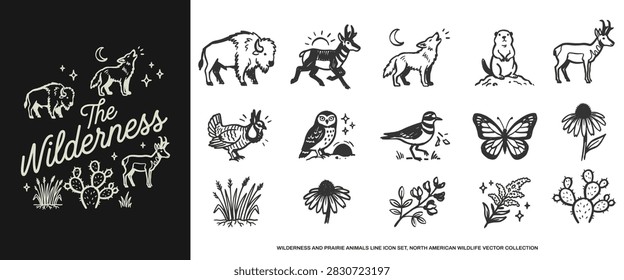 A collection of rustic, hand-drawn illustrations featuring North American prairie animals, wildflowers, and cacti. Perfect for outdoor branding, apparel, and logos.