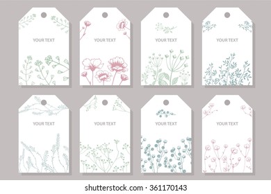 Collection rustic labels with the image of wild flowers and plants.