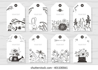 Collection rustic labels with the image of wild flowers and plants.