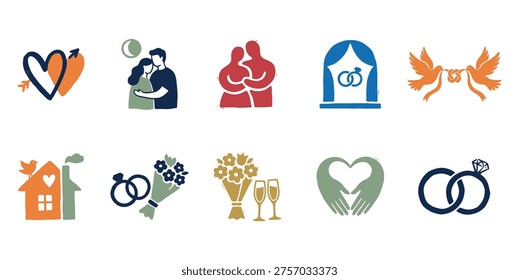 A collection of rustic, minimalist wedding icons featuring a couple embracing under a moon, a house, doves with a knot, and champagne flutes. Ideal for cozy design projects. 