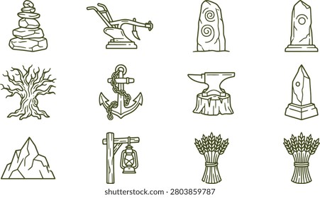 Collection of rustic and natural featuring stone cairns, plows, anchors, trees, mountains, and lanterns in dark green line style