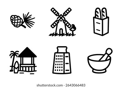 Collection of Rustic Objects Vector Line Art Illustrations Featuring Pinecone Windmill and Bread