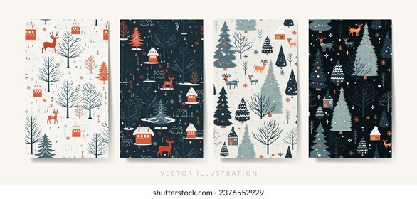 Collection of Rustic seamless pattern with trees, deer, huts and other. Christmas print. Wallpaper for smartphone background, home screen, vector illustration