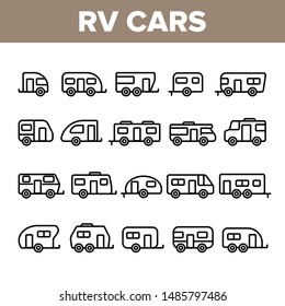 Collection Rv Camper Cars Vehicle Icons Set Vector Thin Line. Different Types Rv Cars, Trailer, Automobile And Home On Wheels Linear Pictograms. Travel Camping Monochrome Contour Illustrations