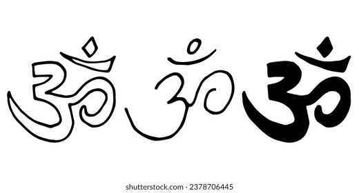 Collection of sacred sound symbol OM in doodle style. Happy Diwali. Om Mantra - sound of life, Buddhism, spiritual symbol, yoga, meditation.Hand drawn vector illustration.