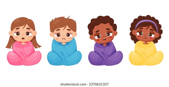 Collection sad diversity boys and girls wrapped in blanket. Sick suffering fair-skinned and dark ethnic cute children. Vector illustration in cartoon style. Isolated kids characters on white