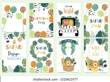 Collection of safari background set with giraffe, balloon, zebra, lion. Editable vector illustration for birthday invitation, postcard and sticker.Wording include wild and free