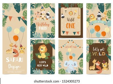 Collection of safari background set with giraffe,balloon,zebra,elephant,brown.Editable vector illustration for birthday invitation,postcard and sticker.Wording include wild and free