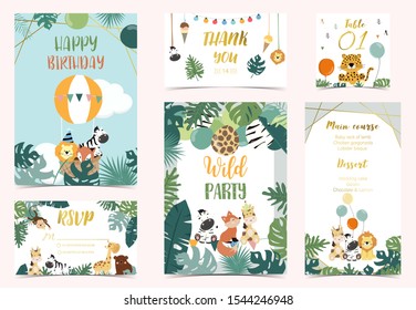 Collection of safari background set with giraffe,balloon,zebra,leopard.Vector illustration for birthday invitation,postcard and sticker.Wording include wild party.Editable element