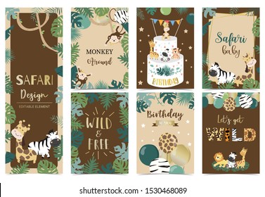 Collection of safari background set with giraffe,balloon,zebra,lion,brown.Editable vector illustration for birthday invitation,postcard and sticker.Wording include wild and free