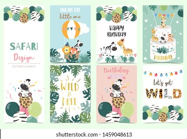 Colección de fondo de safari con jirafa, globo, cebra,león.Ilustración vectorial editable para invitación de cumpleaños, postal y pegatina.Las palabras incluyen silvestre y gratis