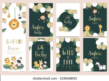 Collection of safari background set with giraffe,balloon,zebra,lion,gold.Editable vector illustration for birthday invitation,postcard and sticker.Wording include wild and free