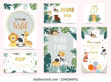 Collection of safari background set with giraffe,fox,monkey,zebra.Vector illustration for birthday invitation,postcard and sticker.Wording include let's go wild.Editable element