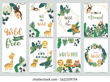 Collection of safari background set with giraffe,leopard,monkey,lion.Editable vector illustration for birthday invitation,postcard and sticker.Wording include wild and free