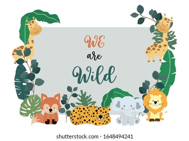 Collection of safari background set with giraffe,zebra,fox,lion.Editable vector illustration for birthday invitation,postcard and sticker.Wording include we are wild