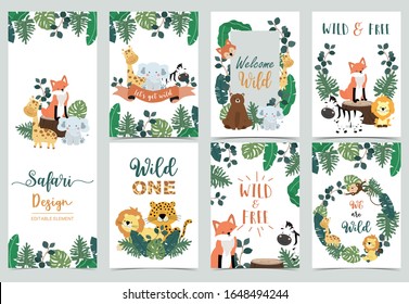 Collection of safari background set with giraffe,zebra,fox,lion.Editable vector illustration for birthday invitation,postcard and sticker.Wording include wild and free