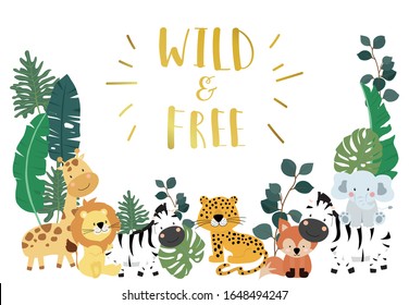 Collection of safari background set with giraffe,zebra,fox,lion.Editable vector illustration for birthday invitation,postcard and sticker.Wording include wild and free